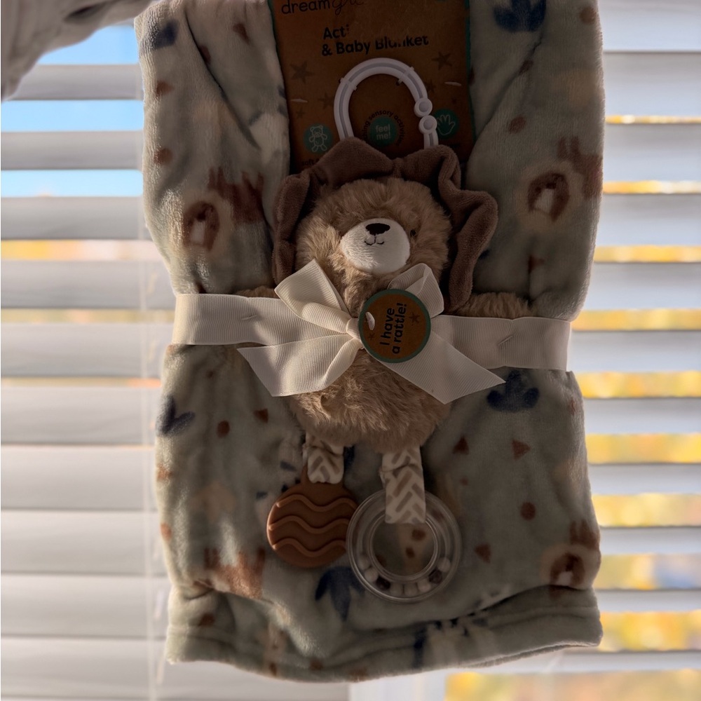 Baby blanket and rattle - Animal Design - Cream, Brown, and Blue